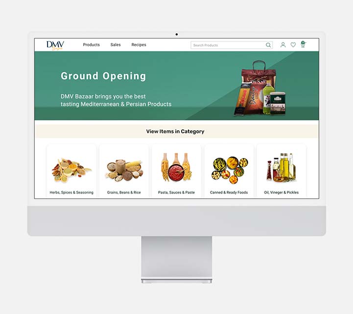 DMV Bazaar, an online grocery shop with a focus on Middle East products, presented in a mockup.